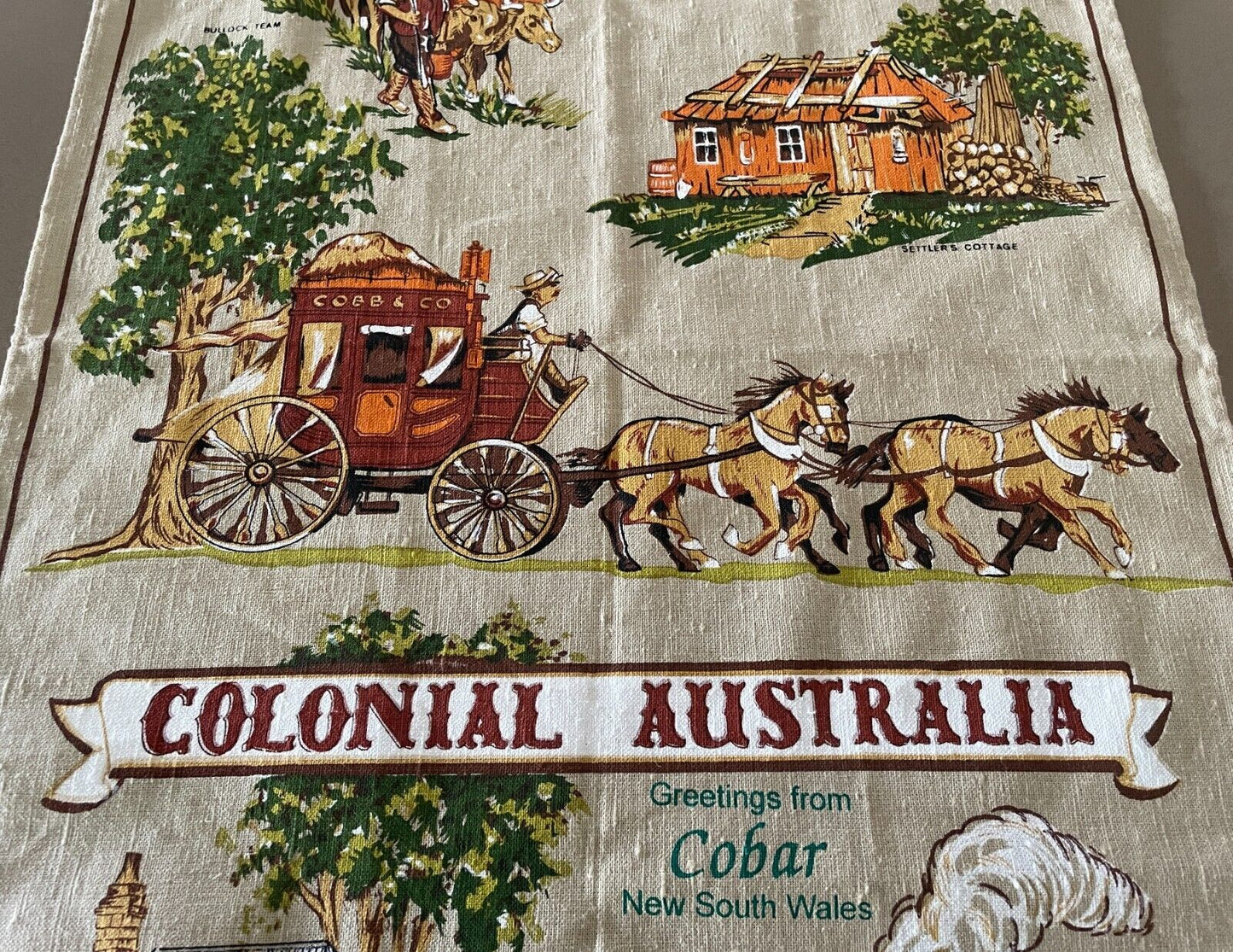 ROSS Vintage Tea Towel COBAR NSW Colonial Australiana Theme Print Souvenir NEW