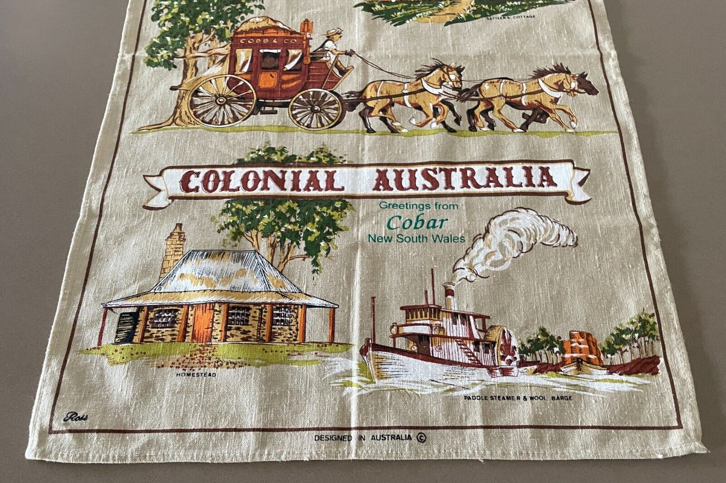 ROSS Vintage Tea Towel COBAR NSW Colonial Australiana Theme Print Souvenir NEW