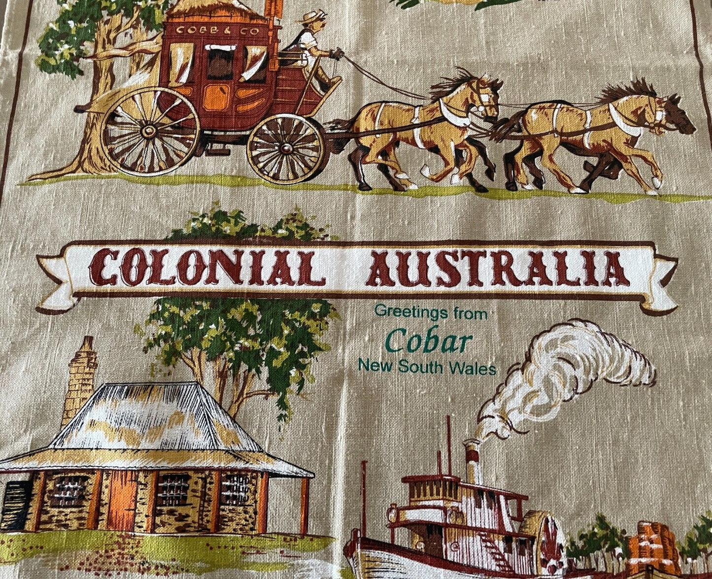 ROSS Vintage Tea Towel COBAR NSW Colonial Australiana Theme Print Souvenir NEW