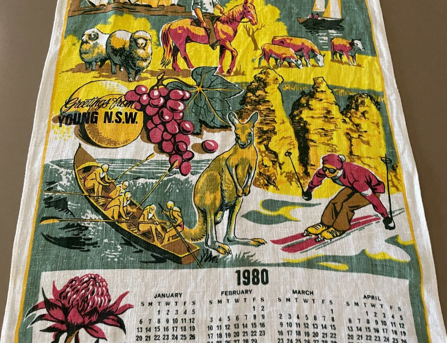 Vintage "1980" Tea Towel Young & NSW City & Country Scenes Calendar Year