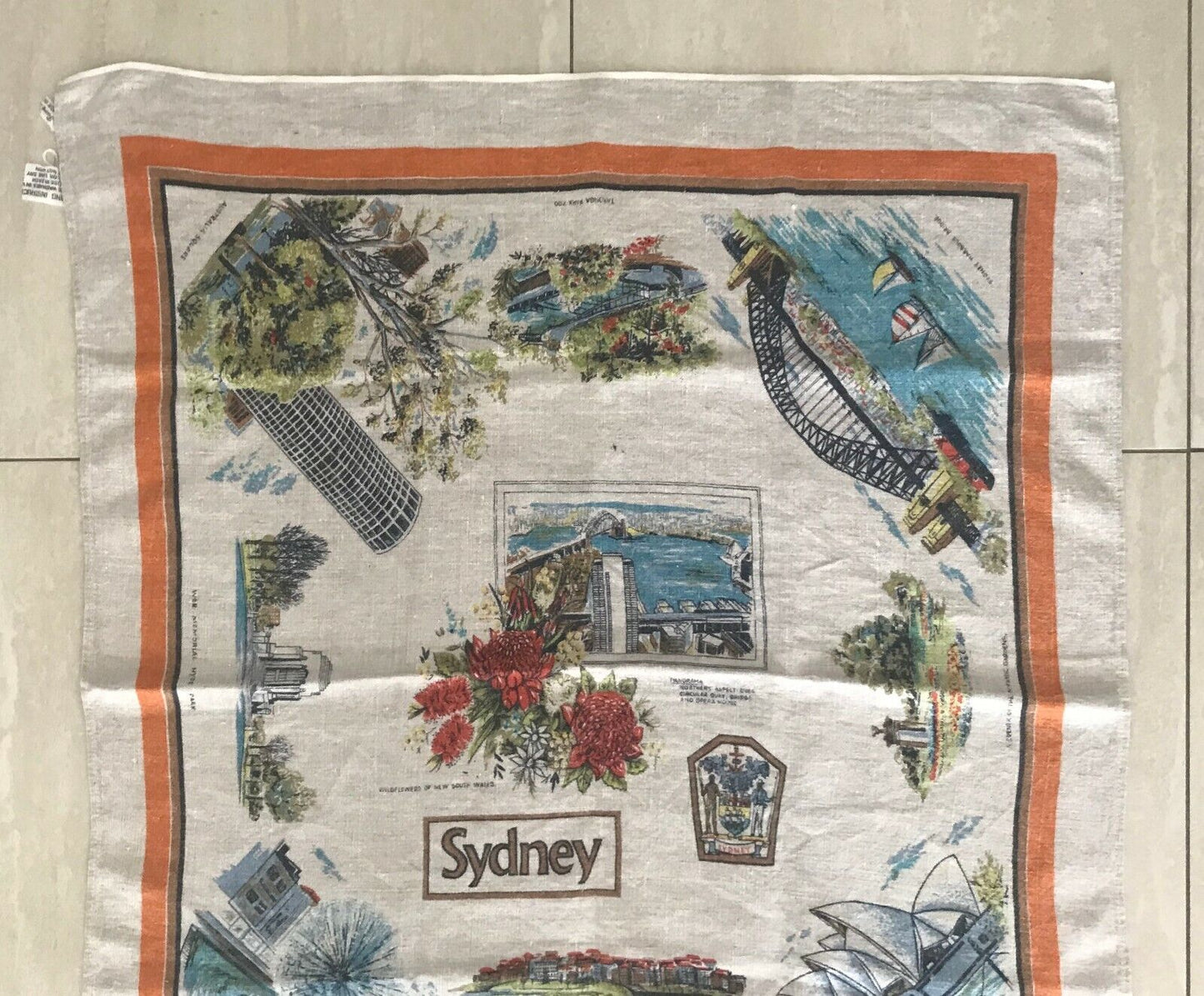 Vintage Linen Tea Towel SYDNEY NSW Souvenir Large Size 92cm x 80cm Australiana