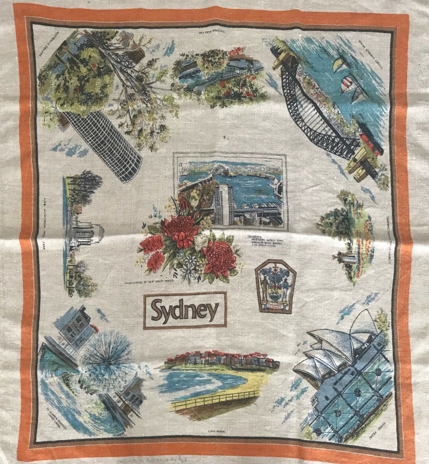 Vintage Linen Tea Towel SYDNEY NSW Souvenir Large Size 92cm x 80cm Australiana