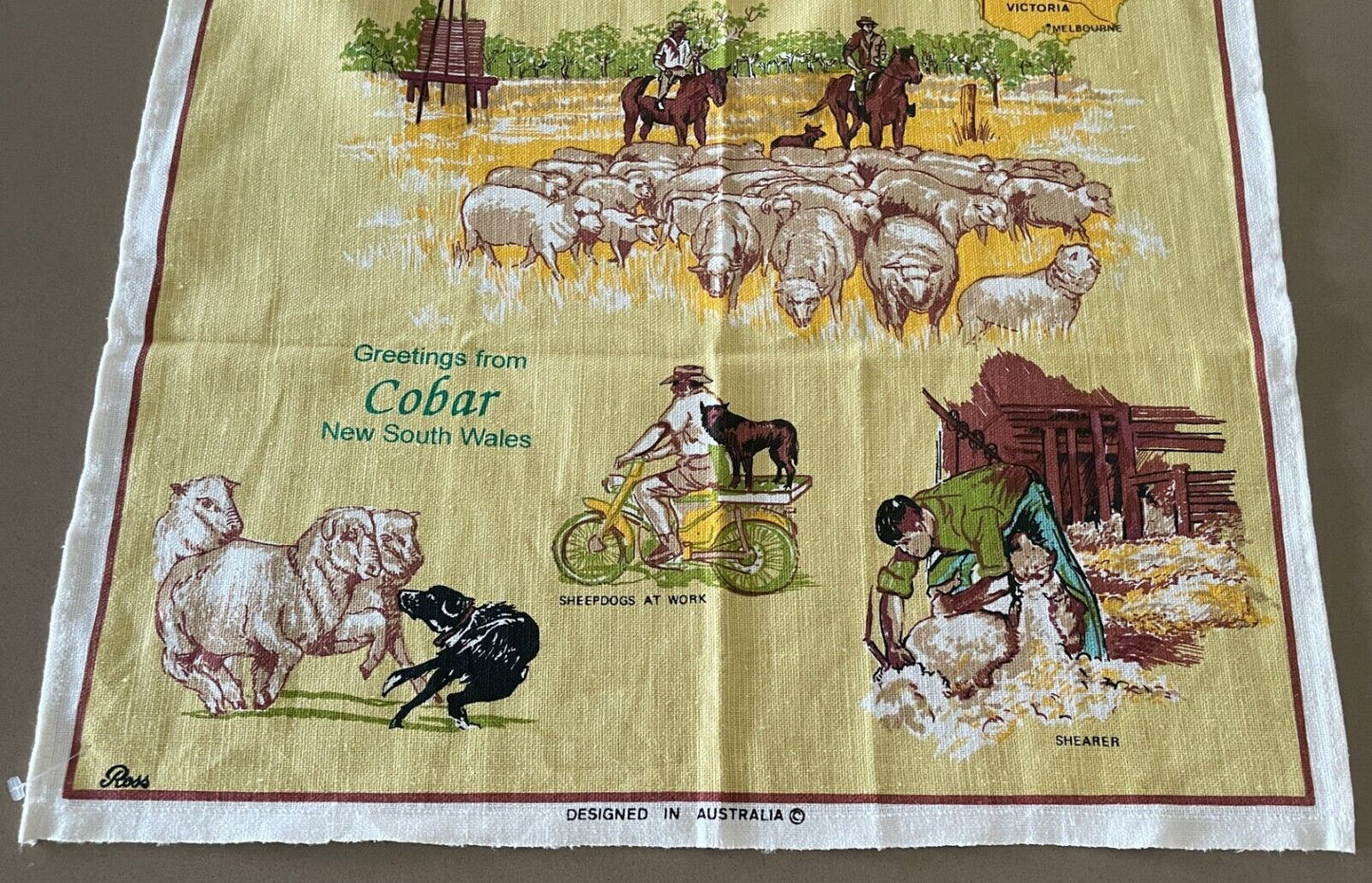 Vintage Tea Towel COBAR NSW Outback Australian Theme Print Souvenir