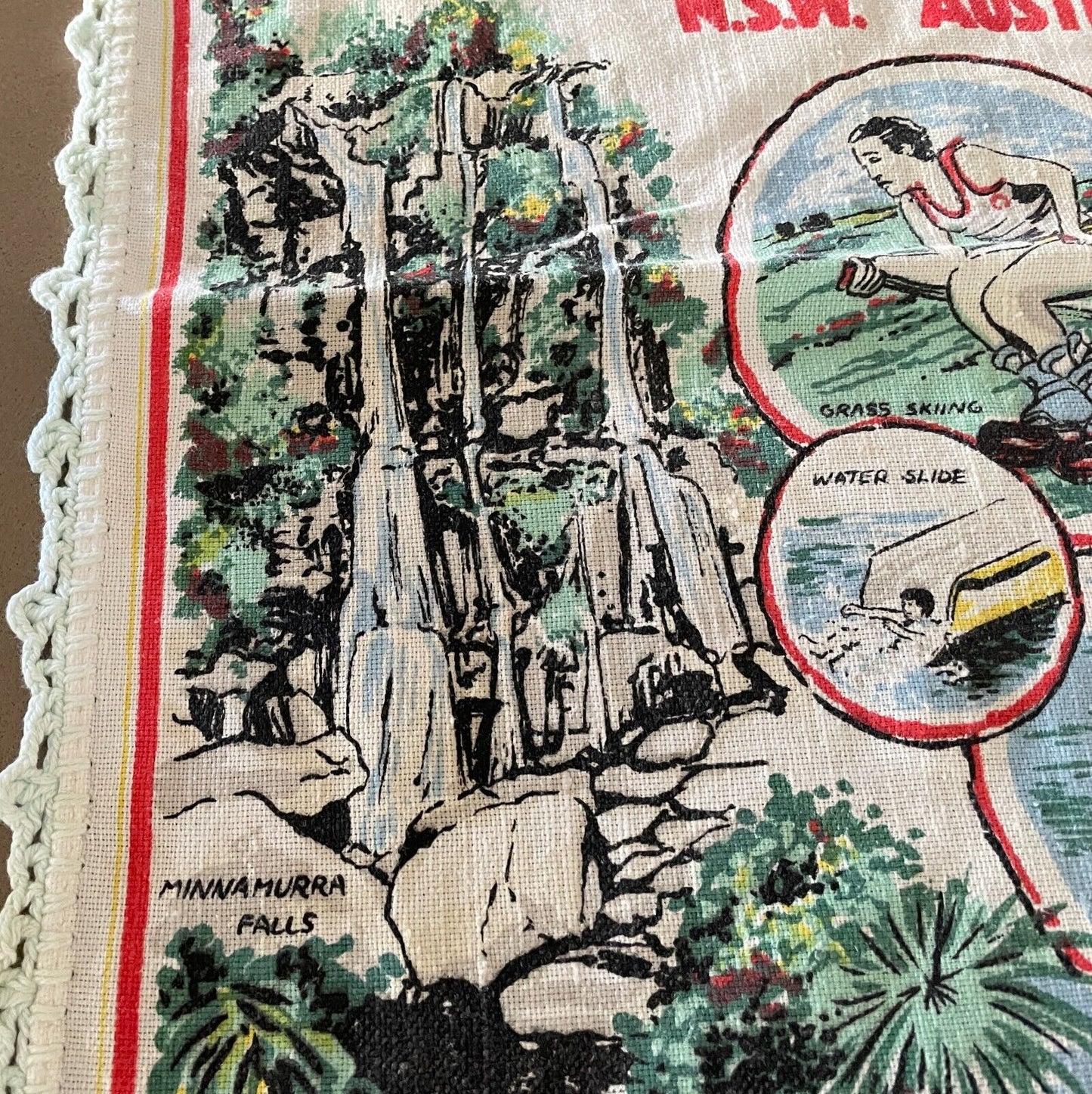 Vintage Tea Towel KIAMA NSW Australia Linen Souvenir Crochet Trim Nostalgic