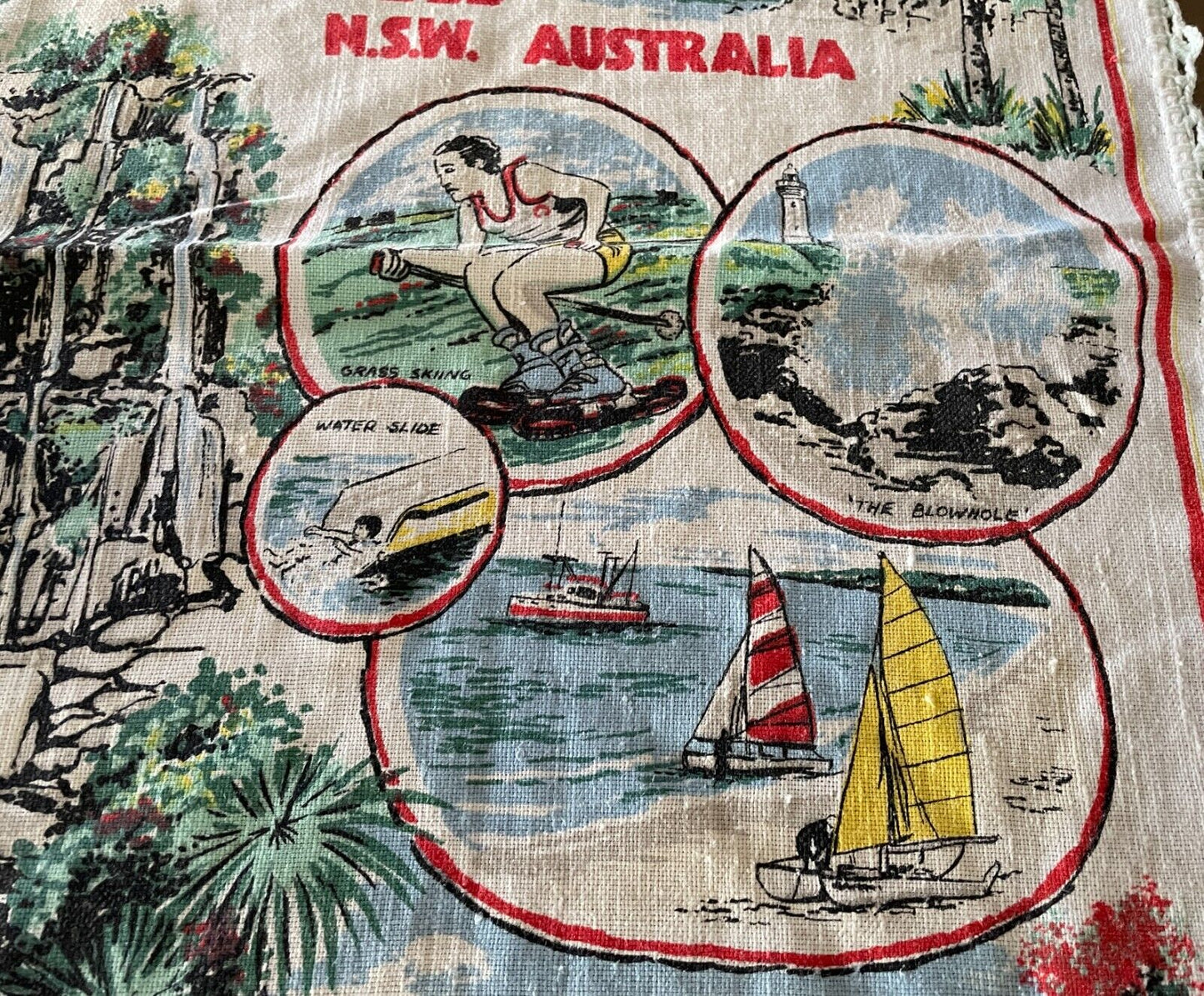 Vintage Tea Towel KIAMA NSW Australia Linen Souvenir Crochet Trim Nostalgic