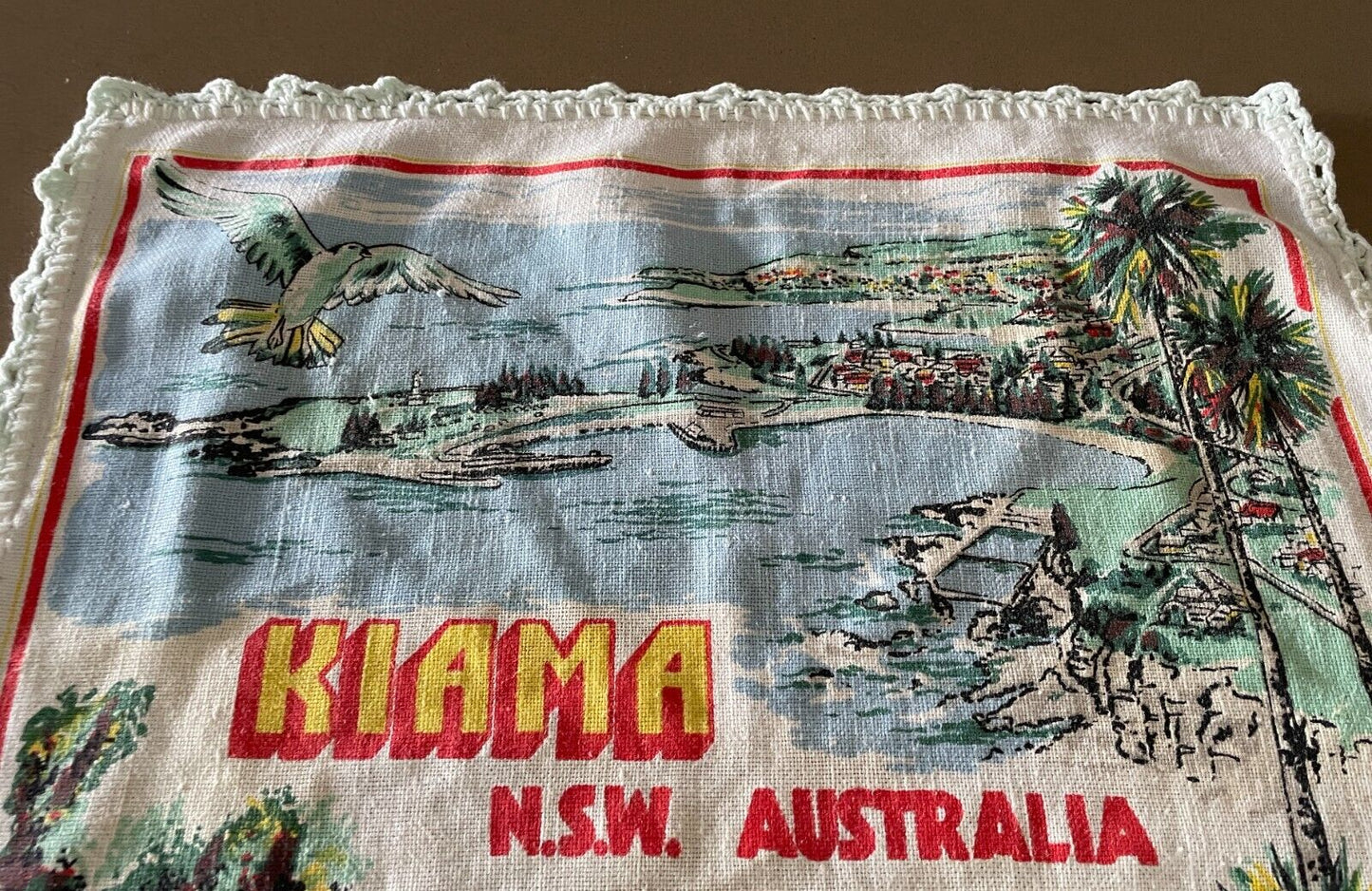 Vintage Tea Towel KIAMA NSW Australia Linen Souvenir Crochet Trim Nostalgic