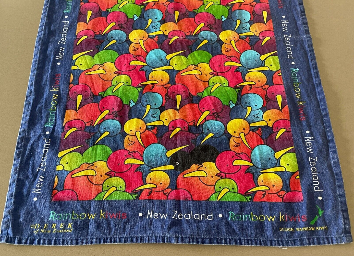 Tea Towel DEREK OF NEW ZEALAND Rainbow Kiwi Multicolour Souvenir Cotton