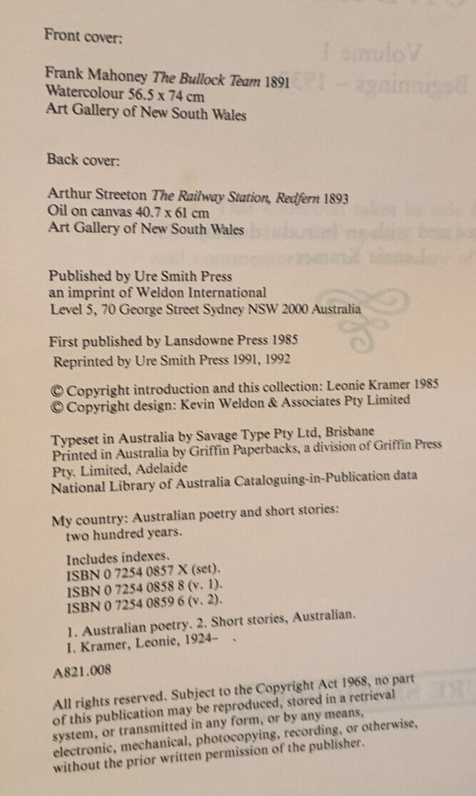 HC Book MY COUNTRY Volume 1 by Kramer Leonie Australian History Inscribed 1992