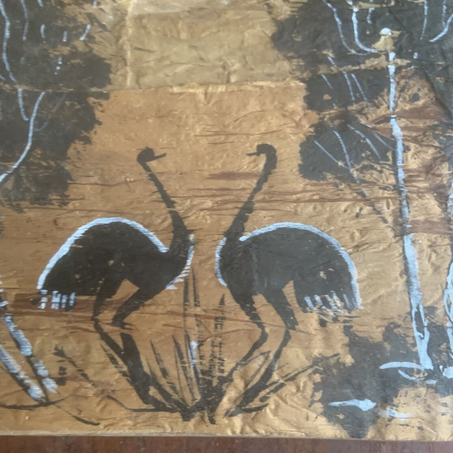 Small BARK ART Painting AUSTRALIAN OUTBACK LANDSCAPE Aboriginal Emus NURRA WA