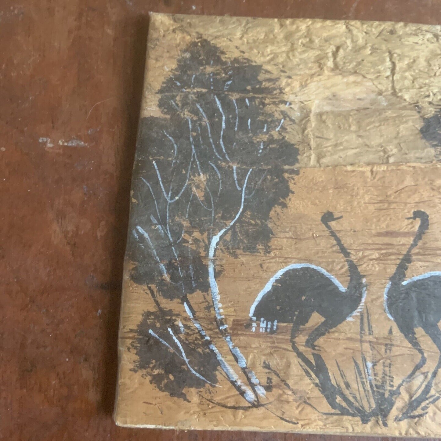 Small BARK ART Painting AUSTRALIAN OUTBACK LANDSCAPE Aboriginal Emus NURRA WA