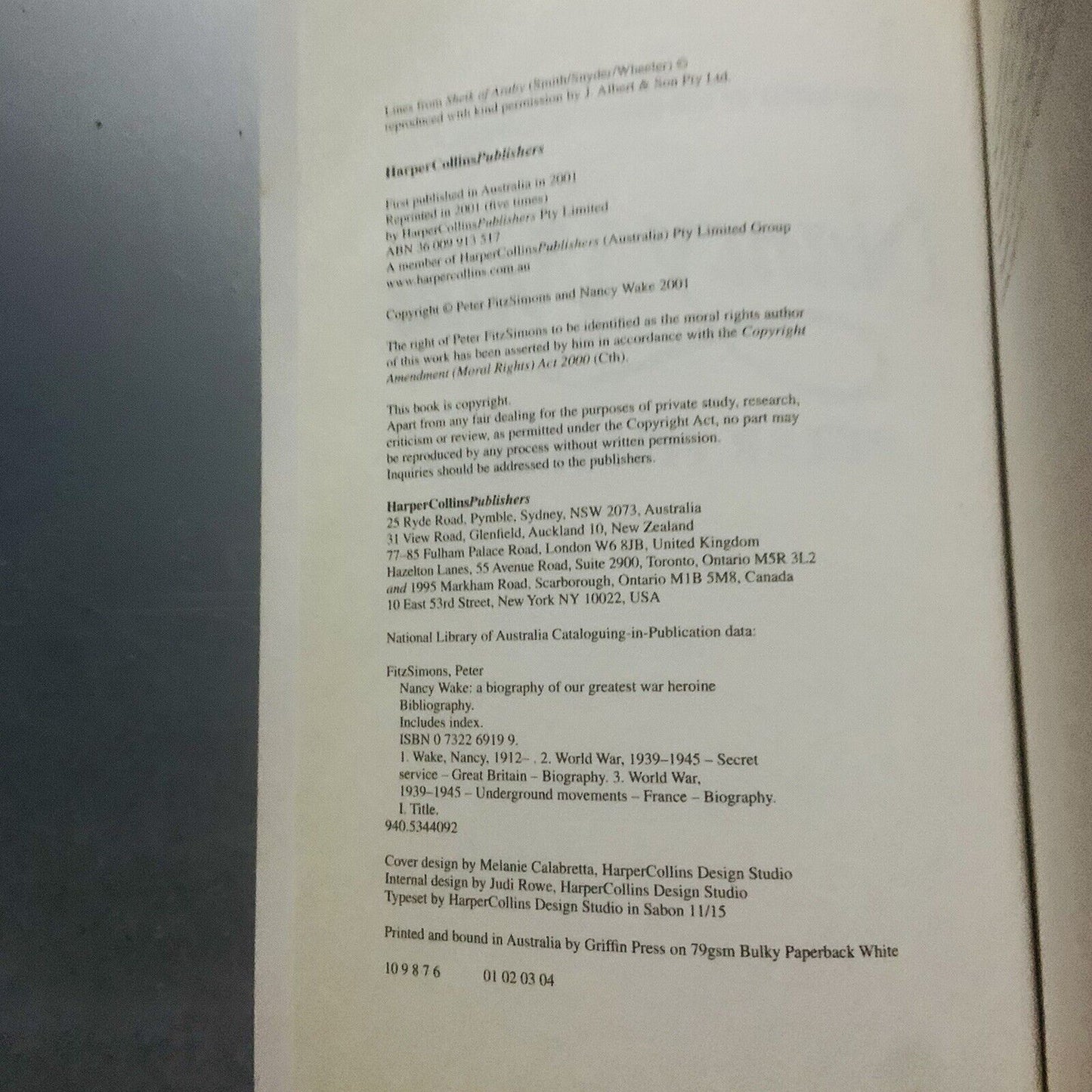 PB Book NANCY WAKE Biography by Peter FitzSimons 2001 Memoir True Story