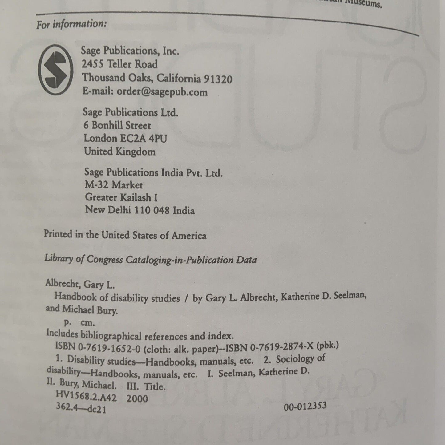 Handbook of Disability Studies by Gary L Albrecht Textbook Medicine