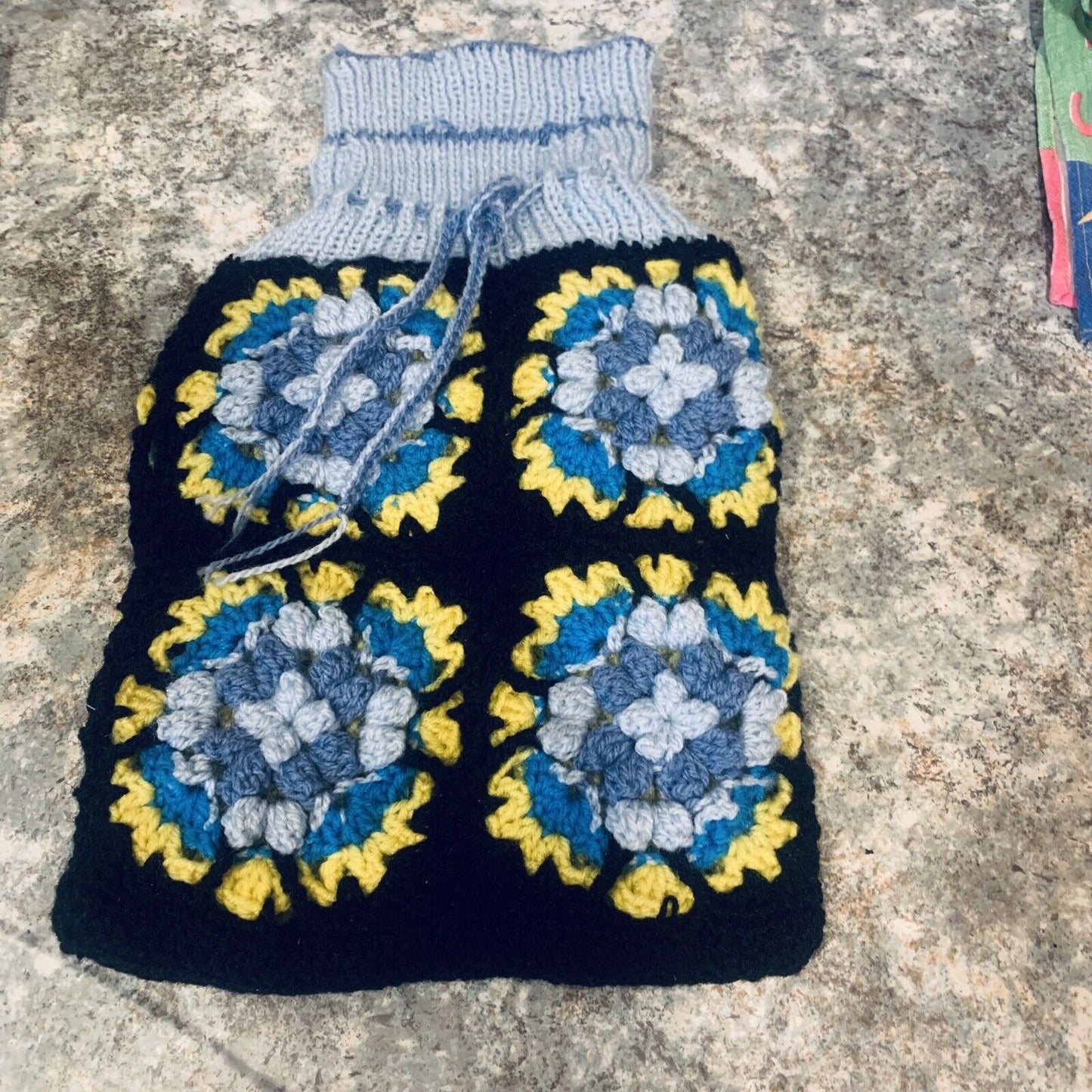 Hot Water Bottle Cover Granny Square Crochet Double Hand Knit Lined New Conditio