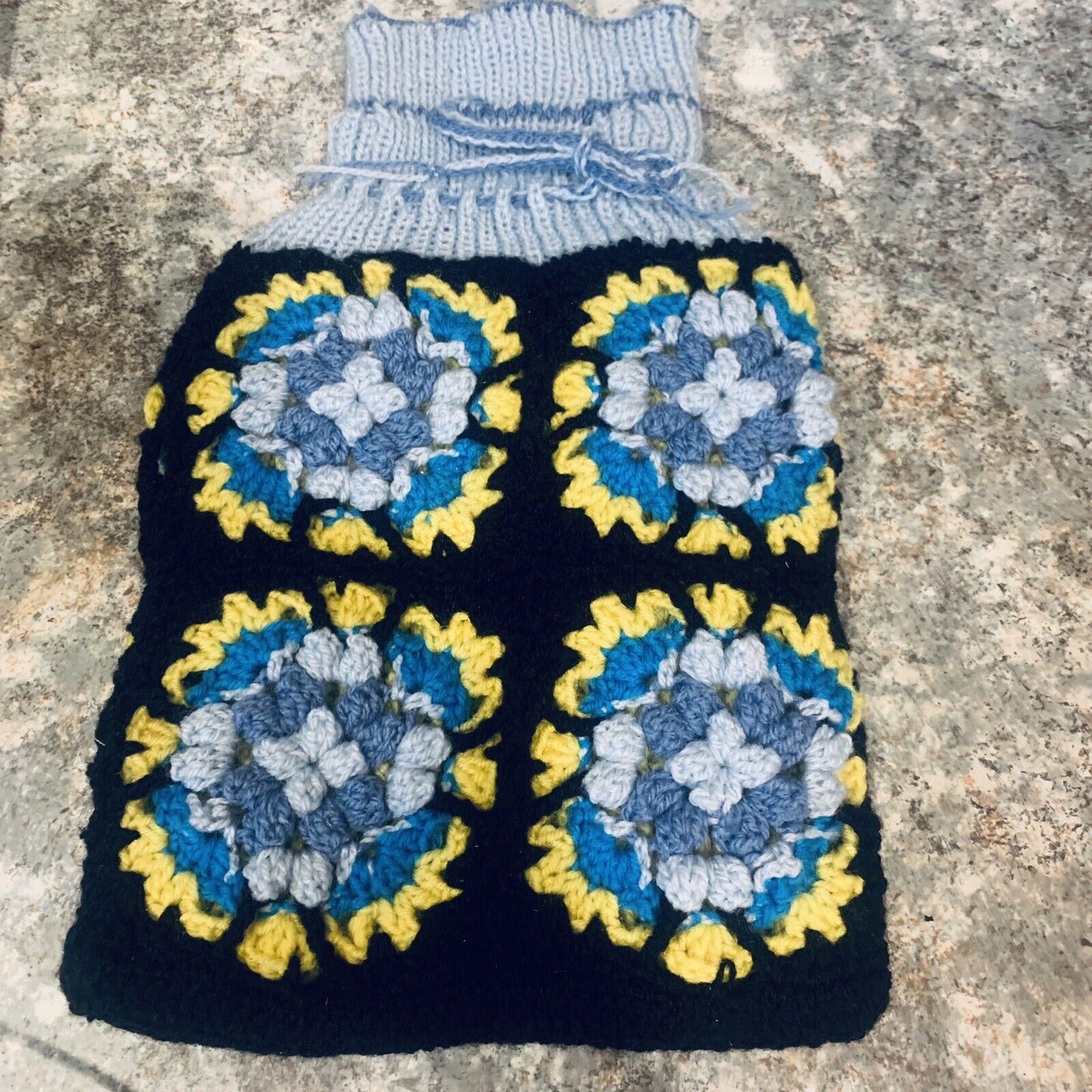 Hot Water Bottle Cover Granny Square Crochet Double Hand Knit Lined New Conditio