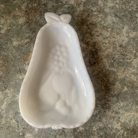 Vintage Milk Glass Pear Dish Hazel Atlas  Embossed Fruit Top Cherry Blossom Base
