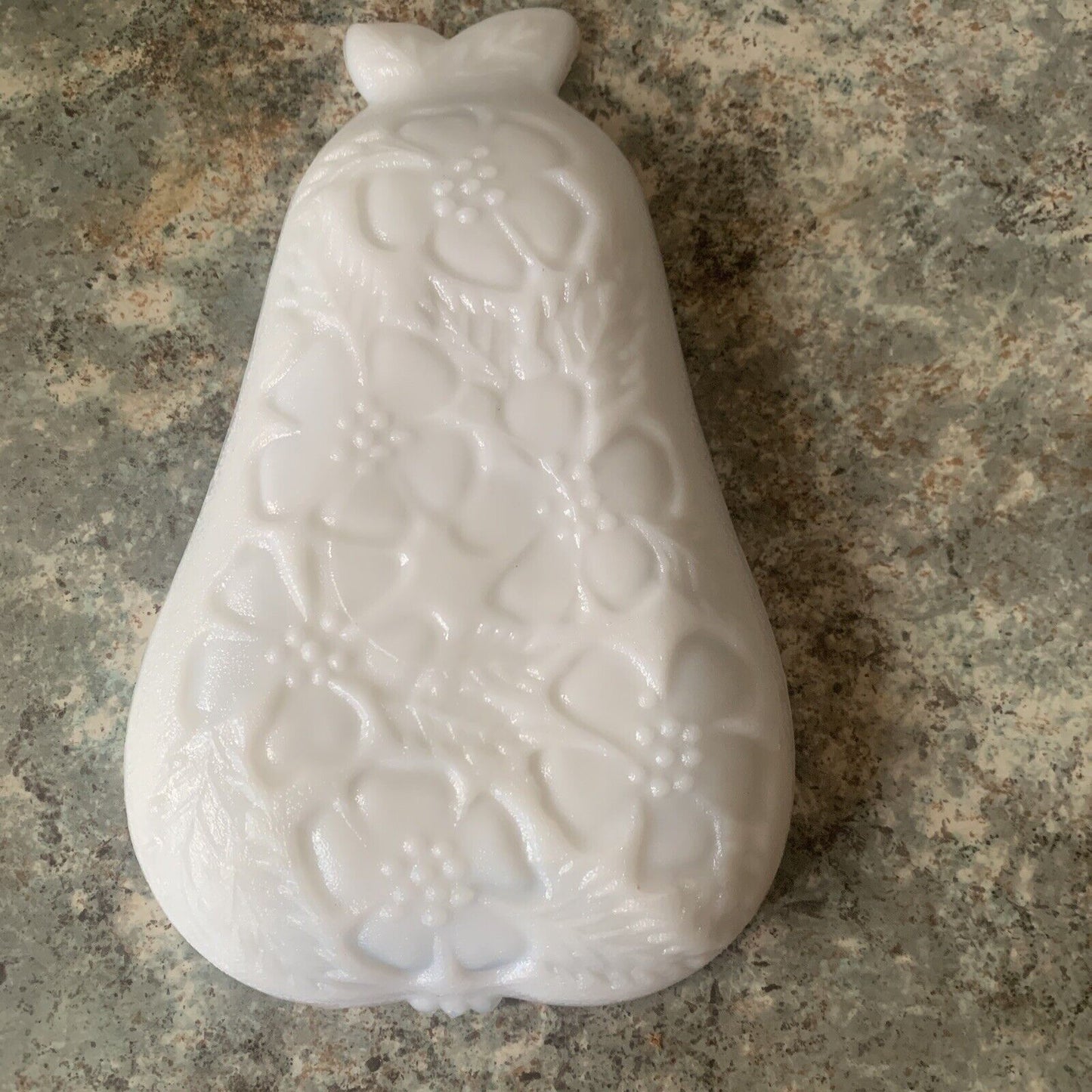 Vintage Milk Glass Pear Dish Hazel Atlas  Embossed Fruit Top Cherry Blossom Base