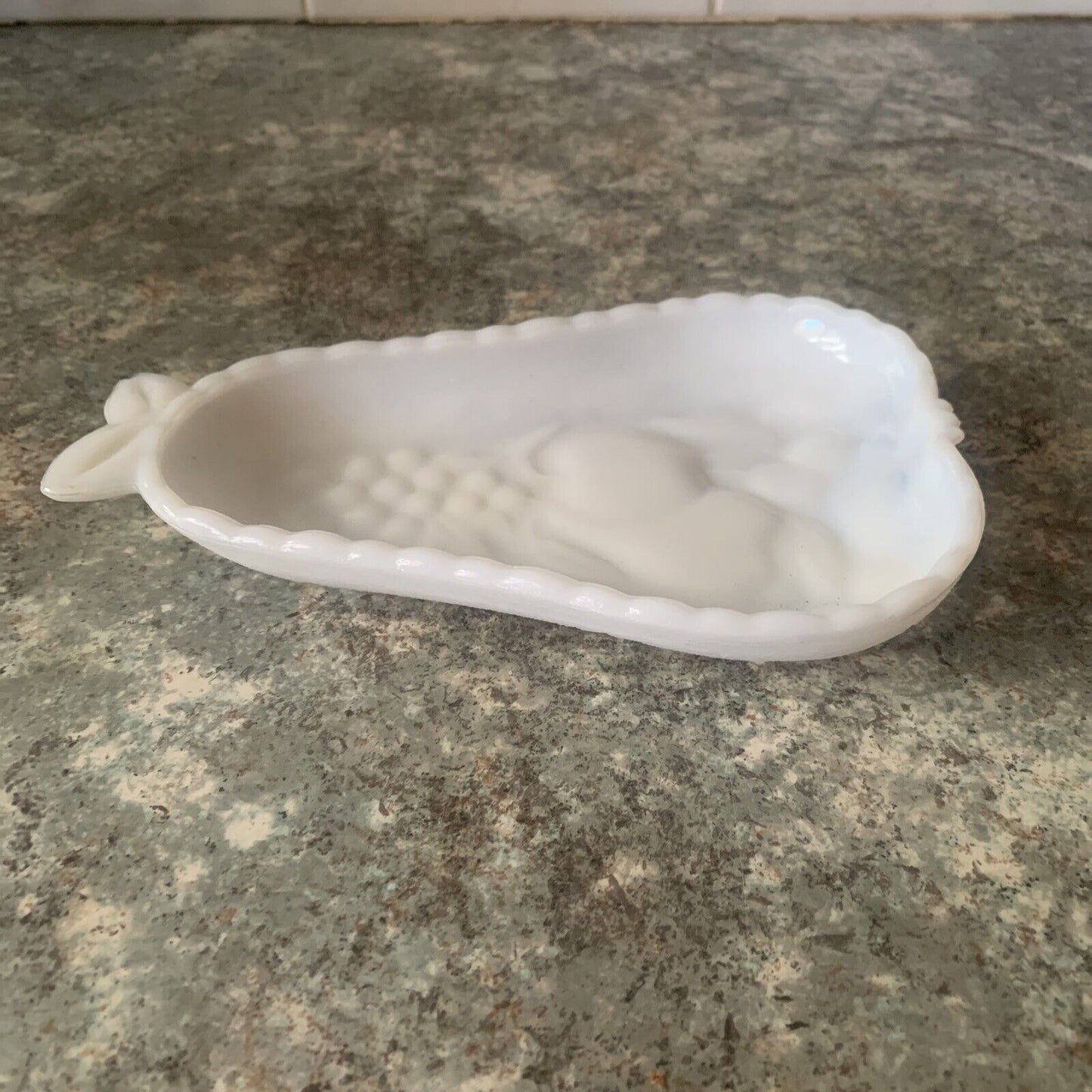 Vintage Milk Glass Pear Dish Hazel Atlas  Embossed Fruit Top Cherry Blossom Base