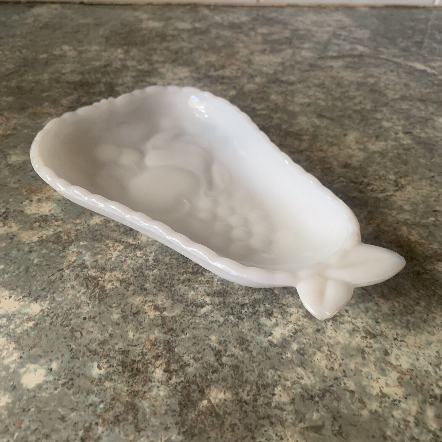 Vintage Milk Glass Pear Dish Hazel Atlas  Embossed Fruit Top Cherry Blossom Base