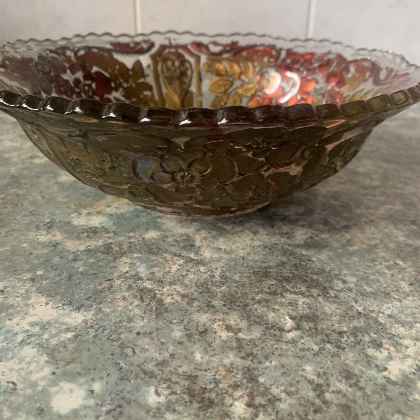 Antique c1918 GOOFUS 23cm GLASS BOWL Narcissus Filagree Reverse Painted Red Gold
