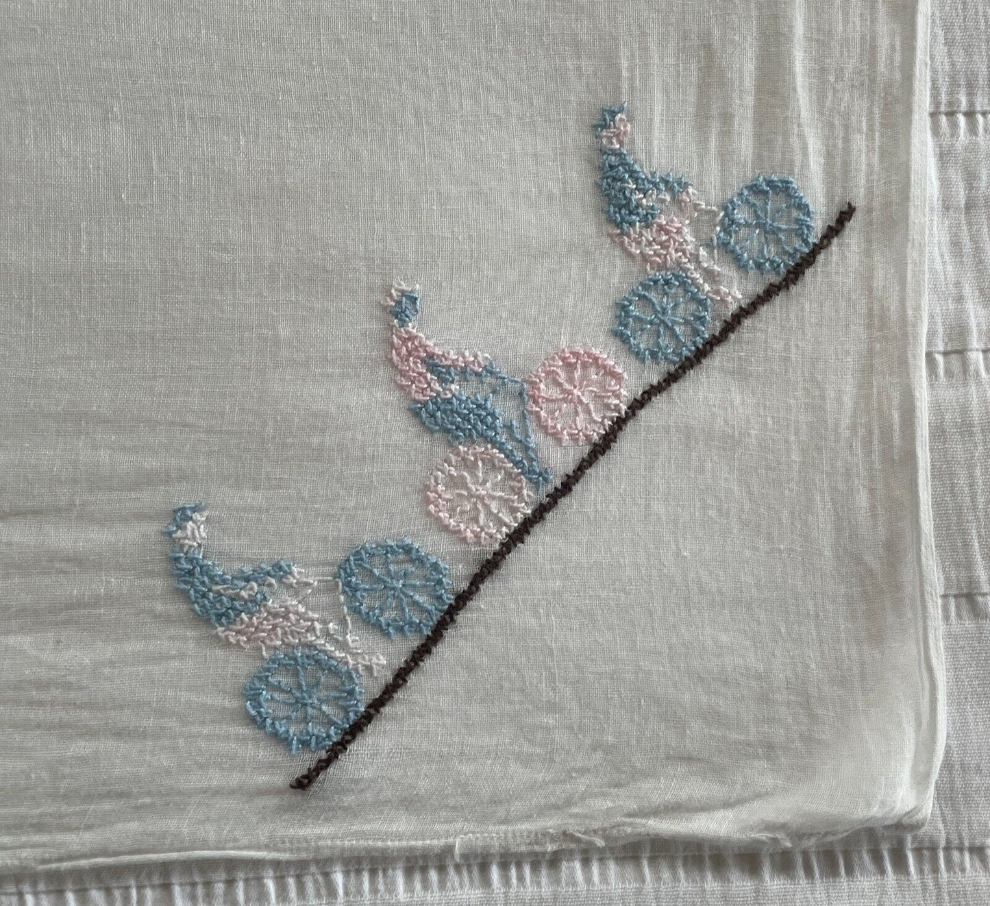 BABY WRAP White Muslin Hand Embroidered Bicycle Riders Motif 95 x 86cm Vintage