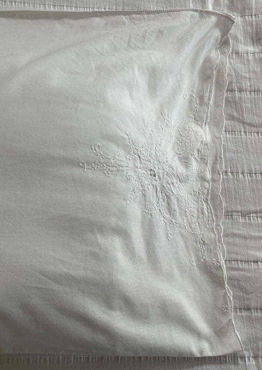 1x Vintage White COTTON Pillowcase Hand Embroidered Detailing 84 x 48.5cm
