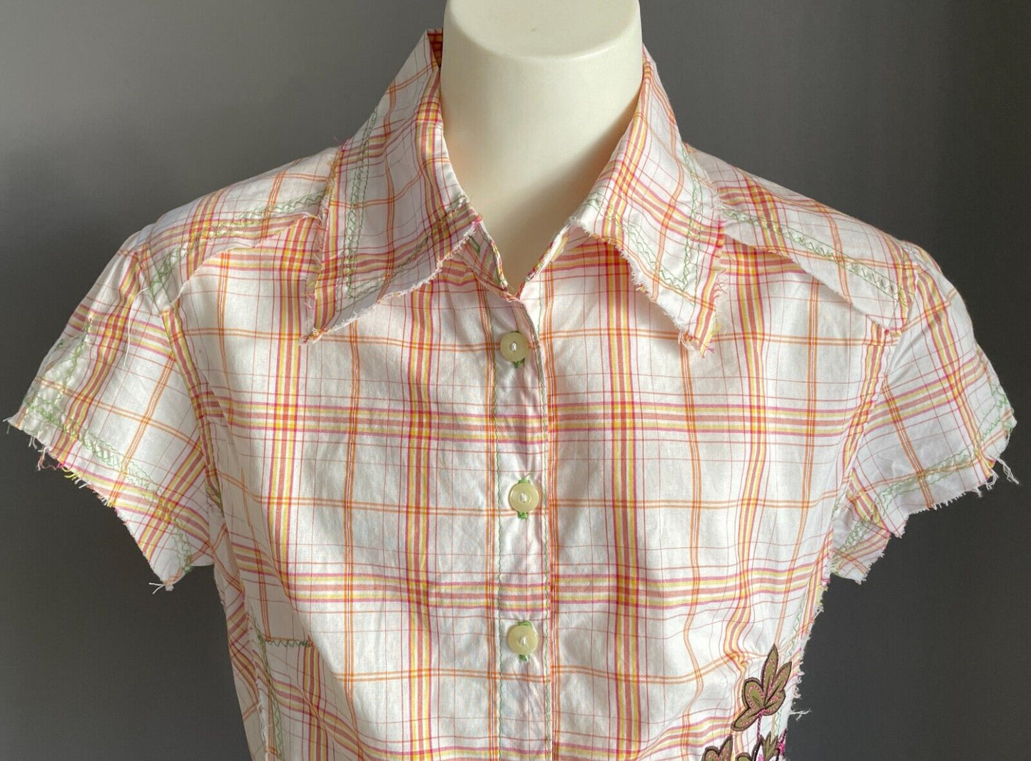 Vintage Girls MARY-KATE AND ASHLEY Cap Sleeve Check Shirt Sze 10 Floral Applique