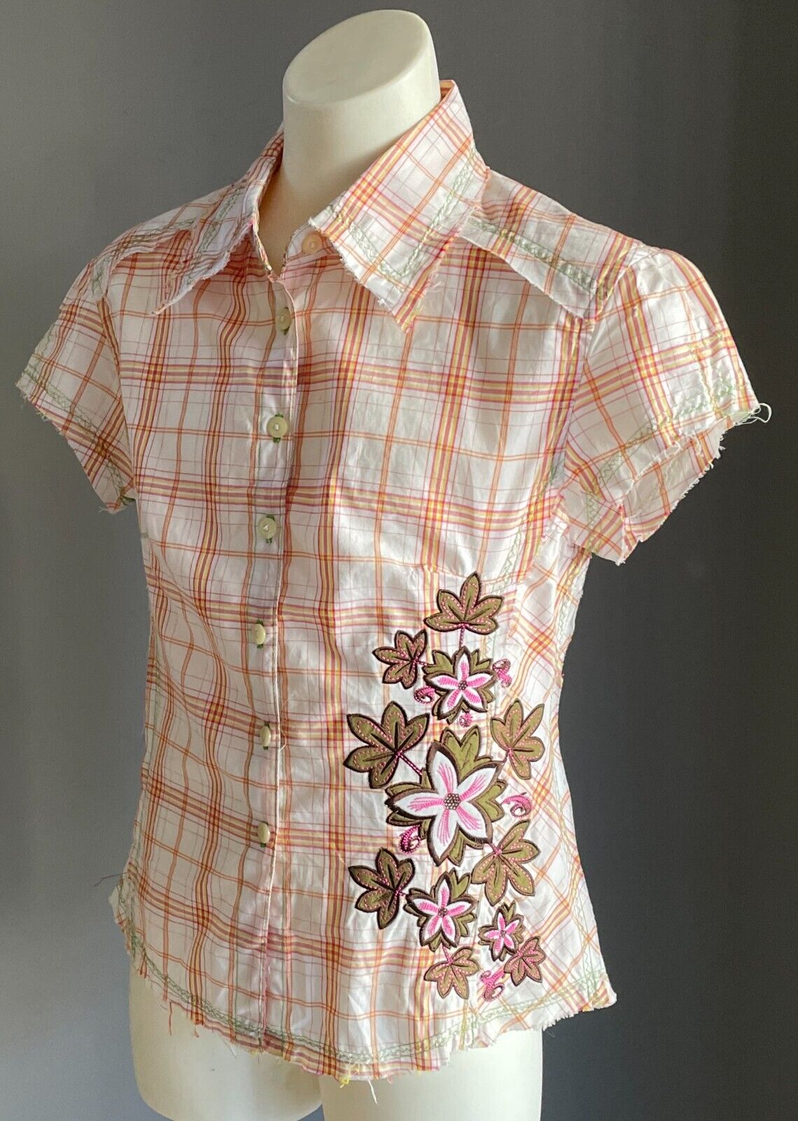 Vintage Girls MARY-KATE AND ASHLEY Cap Sleeve Check Shirt Sze 10 Floral Applique