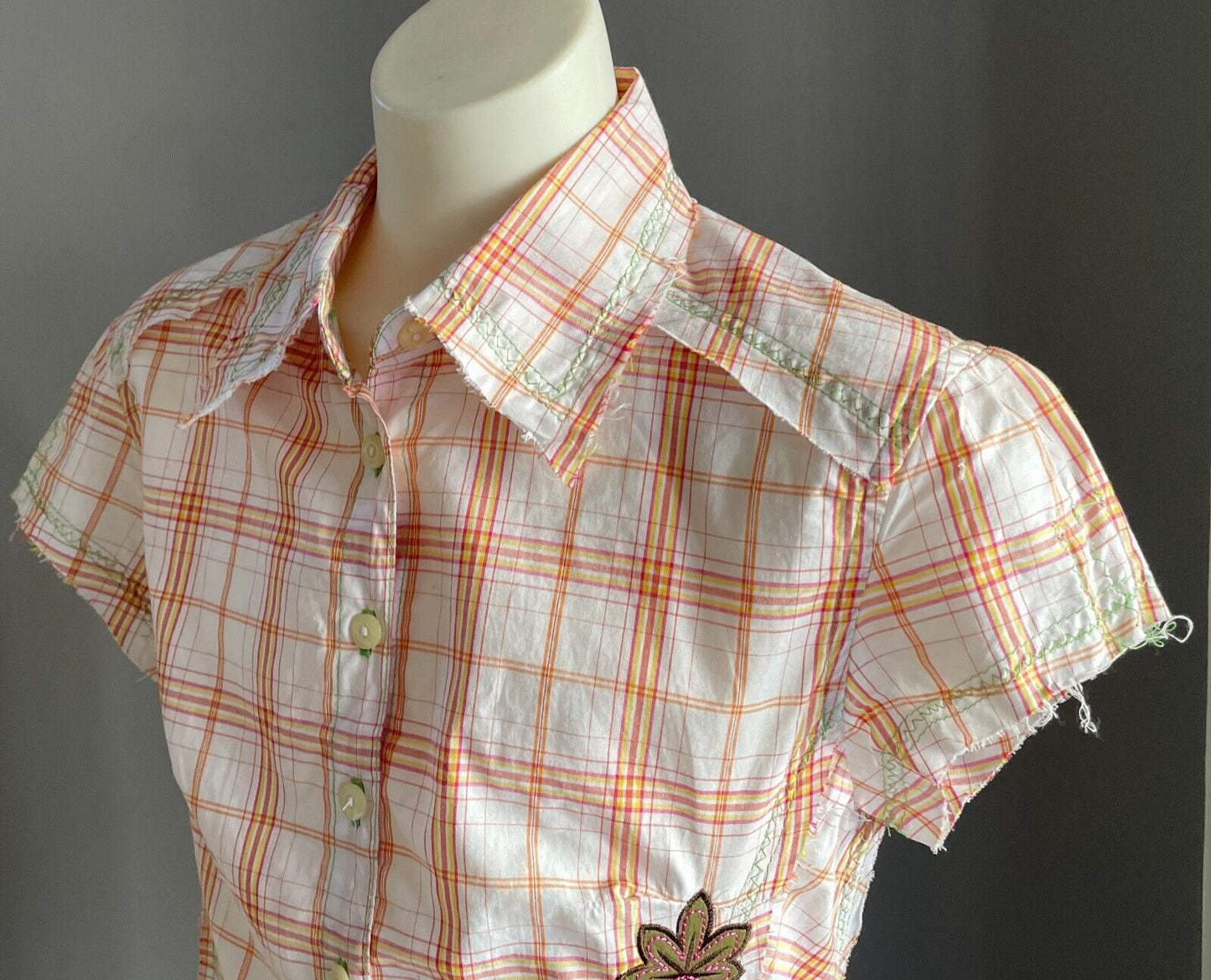 Vintage Girls MARY-KATE AND ASHLEY Cap Sleeve Check Shirt Sze 10 Floral Applique