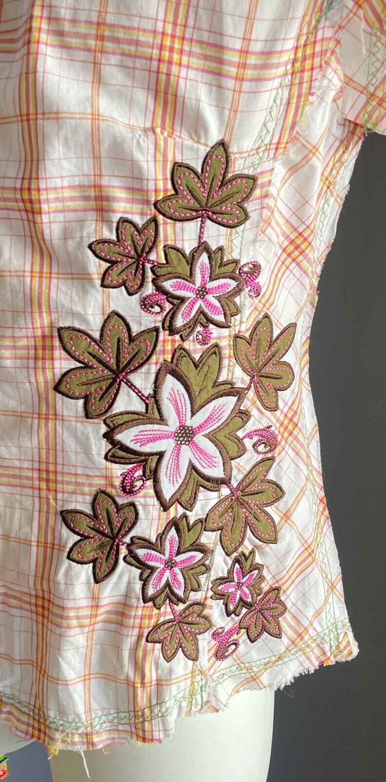 Vintage Girls MARY-KATE AND ASHLEY Cap Sleeve Check Shirt Sze 10 Floral Applique