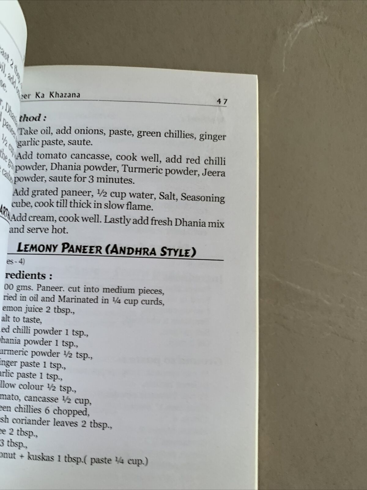 Cookbook PANEER KA KHAZANA Vijayalakshmi Reddy Vegetarian Indian 2001 Recipes