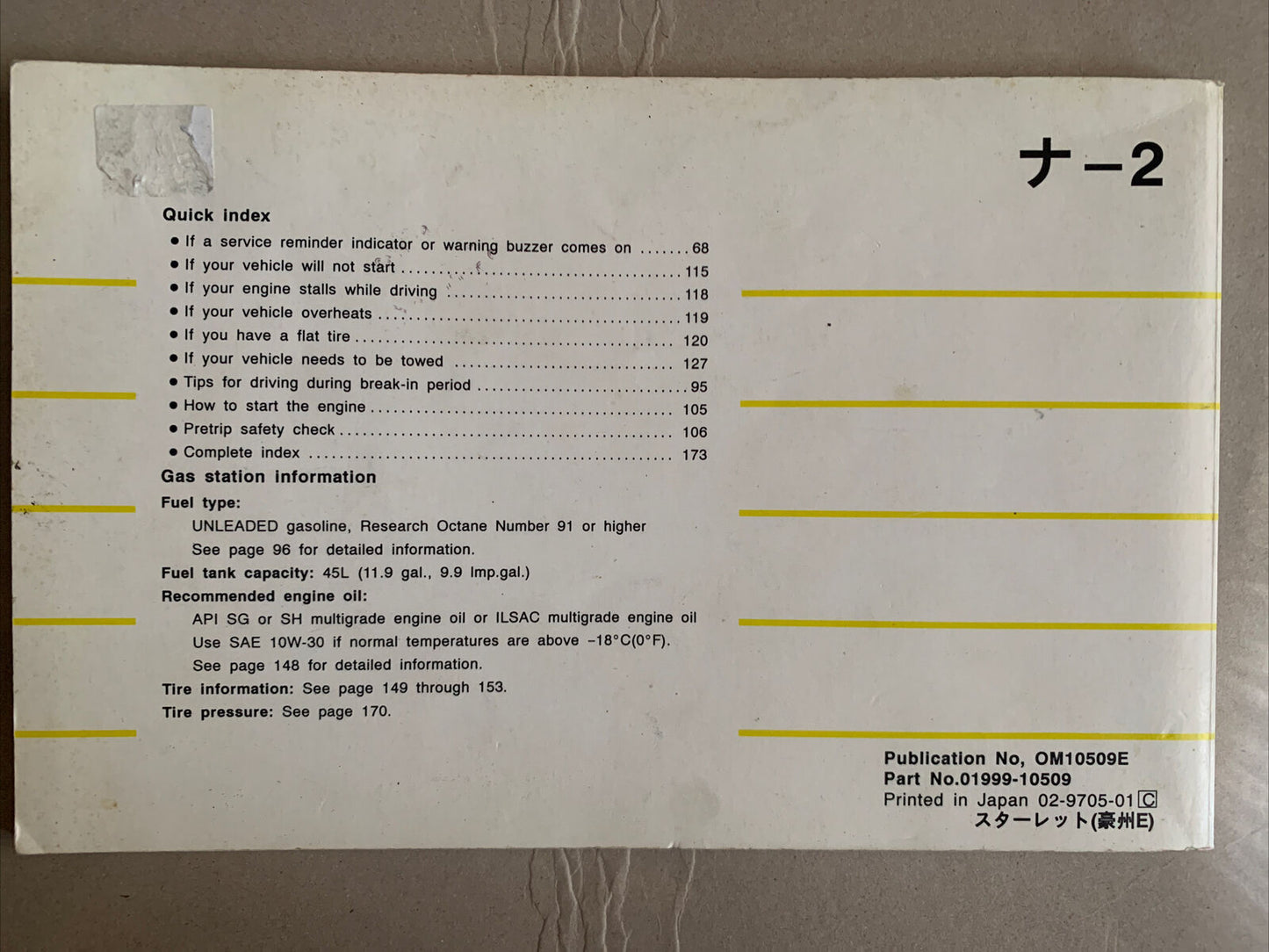 TOYOTA STARLET Owners Manual 1997 Publication No OM10509E Part 01999-10509 PB