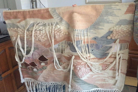 Tapestry Wall Hanging "Huts In Hills" South African Woven Mohair  Macrame 1980's