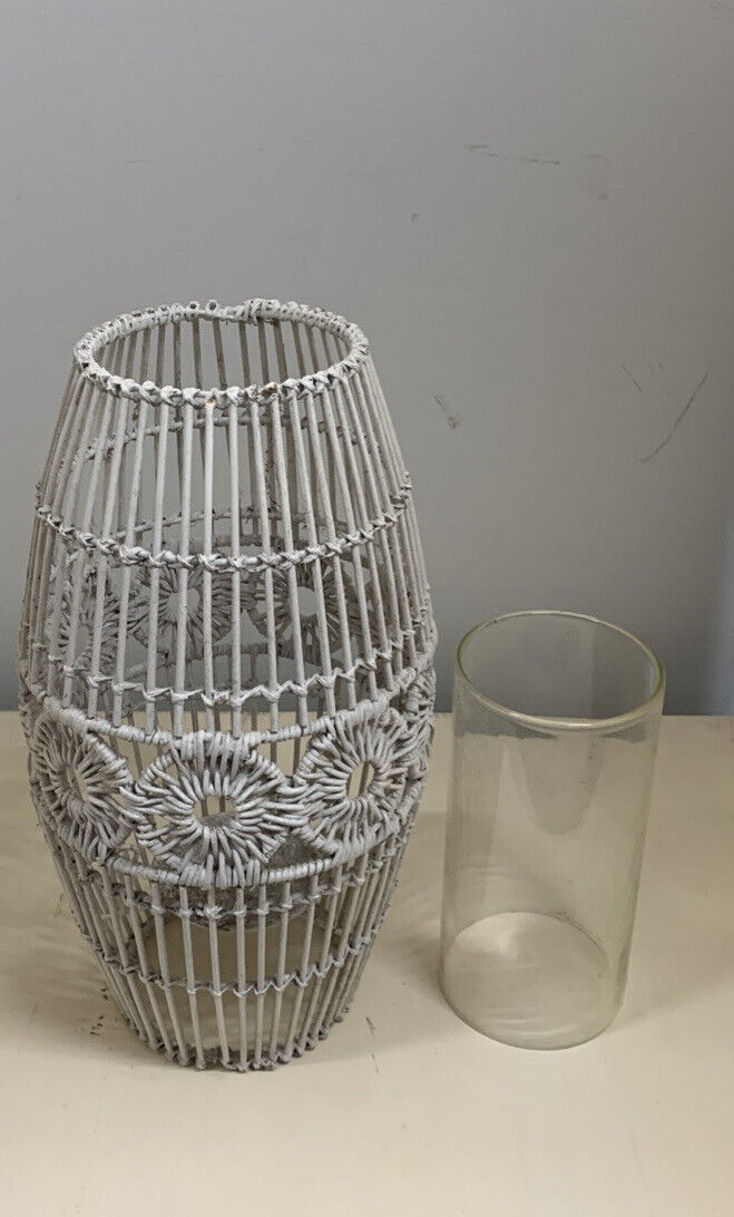 Boho hurricane lamp 35cm steel frame white wicker candle holder pillar tealight