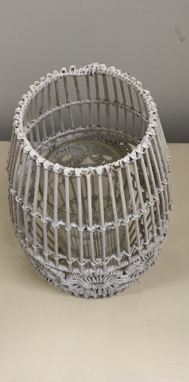 Boho hurricane lamp 35cm steel frame white wicker candle holder pillar tealight