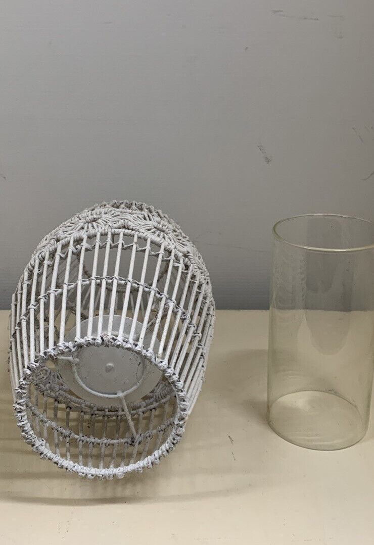 Boho hurricane lamp 35cm steel frame white wicker candle holder pillar tealight