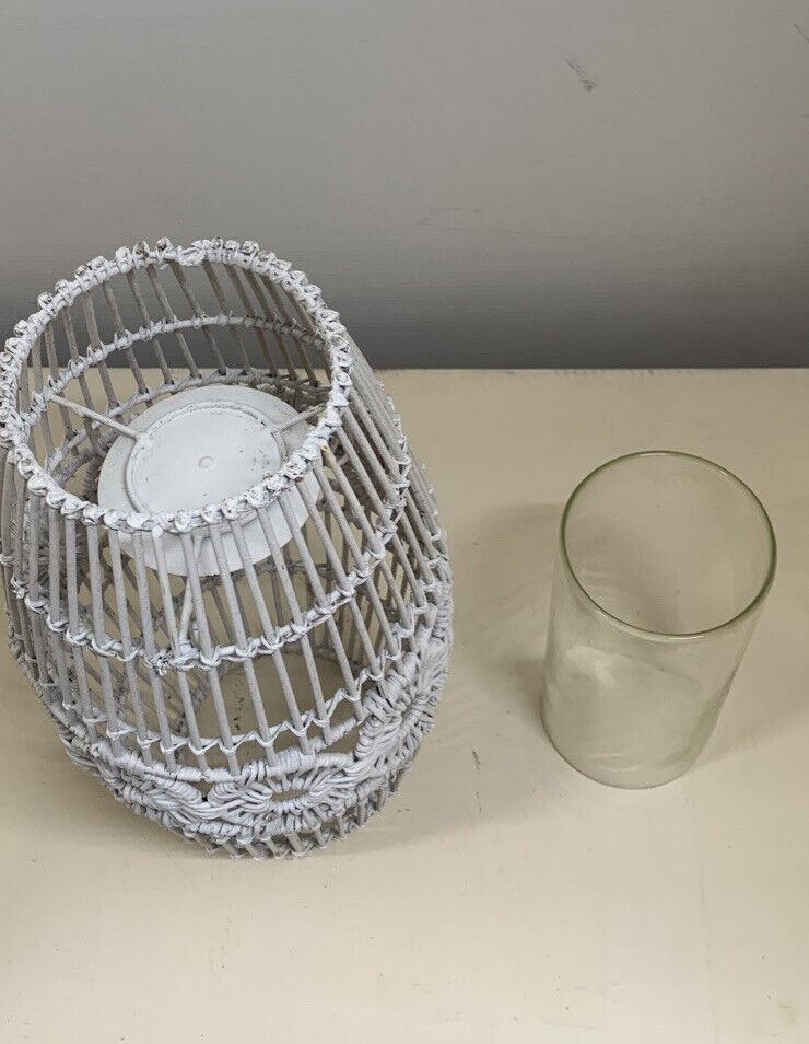 Boho hurricane lamp 35cm steel frame white wicker candle holder pillar tealight