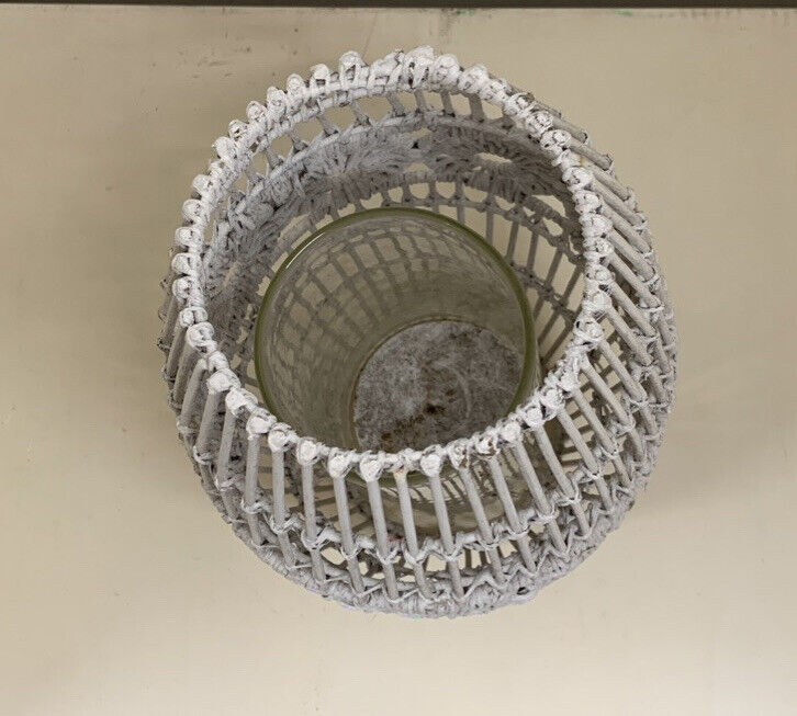 Boho hurricane lamp 35cm steel frame white wicker candle holder pillar tealight