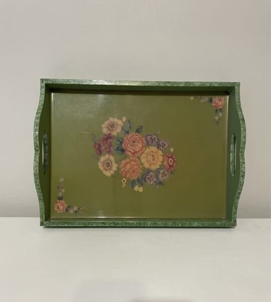 Vintage Bed Tray 40cm Green Hand Painted Condiment Server Flower Decal AE296