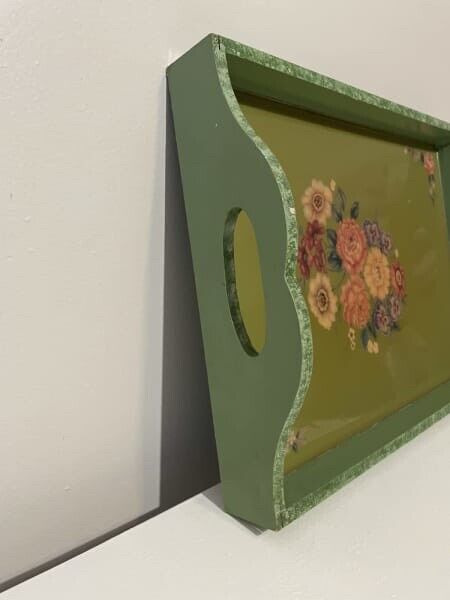 Vintage Bed Tray 40cm Green Hand Painted Condiment Server Flower Decal AE296