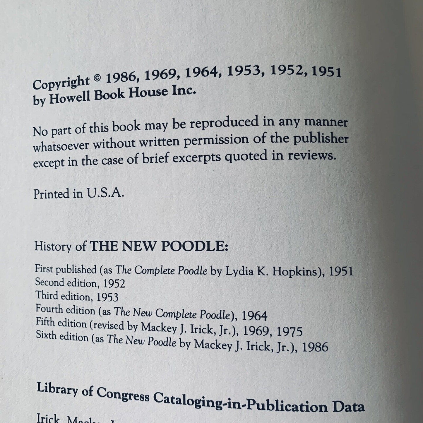 HC Book THE NEW POODLE 6th Edition 1st Printing 1986 Mackey J Irick Jnr  USA Vtg
