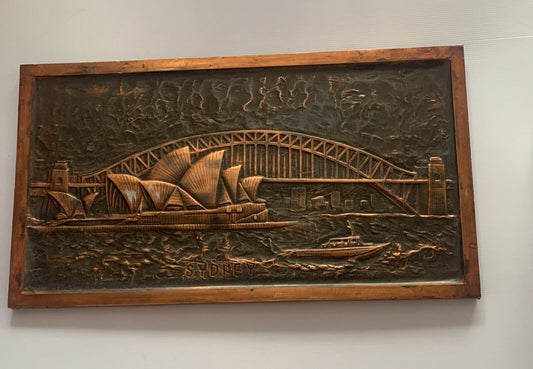 Vintage Australia SYDNEY Bridge Opera House 3D Beaten Copper Work Art 67 x 37cm
