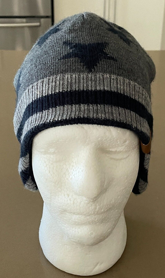 H&M Knit Beanie Boys Navy Grey Stars & Stripe Trapper Style Hat Size 5 8 yr