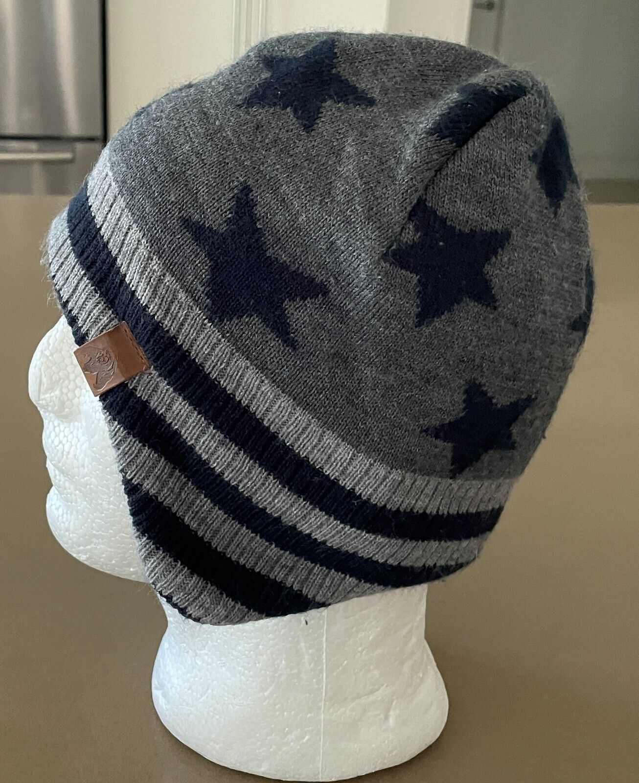 H&M Knit Beanie Boys Navy Grey Stars & Stripe Trapper Style Hat Size 5 8 yr