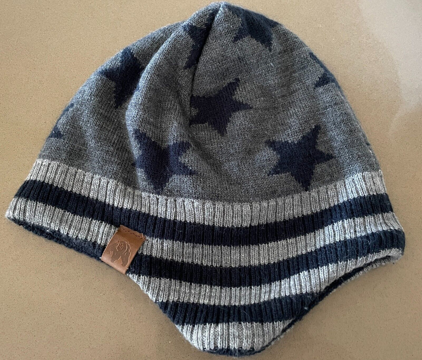 H&M Knit Beanie Boys Navy Grey Stars & Stripe Trapper Style Hat Size 5 8 yr
