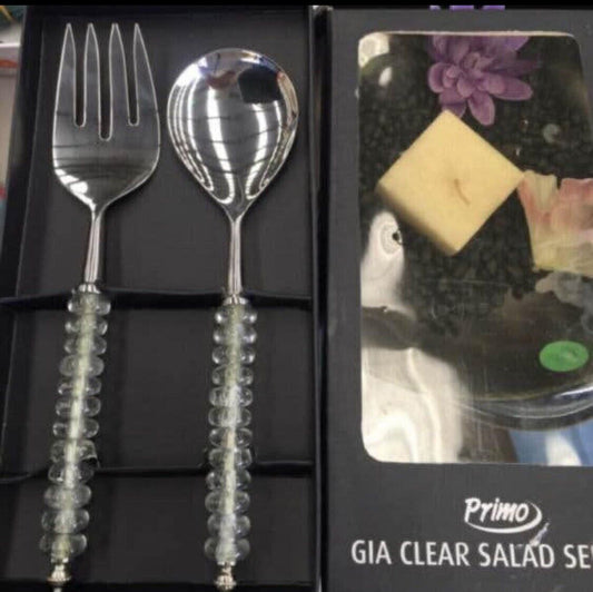 PRIMO GIO Stainless Steel Brass & Glass Serving Spoons Clear glass handles NEW