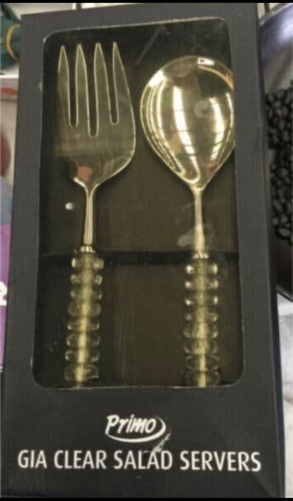 PRIMO GIO Stainless Steel Brass & Glass Serving Spoons Clear glass handles NEW