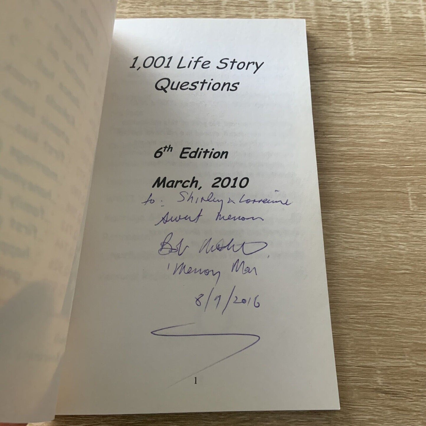 PB Book Signed By MEMORY MAN 1001 Life Story Questions  "To Shirley & Lorraine"