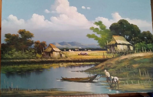 Original Painting Signed T POWEL 1981 Village Scene on River Boat Water Oriental