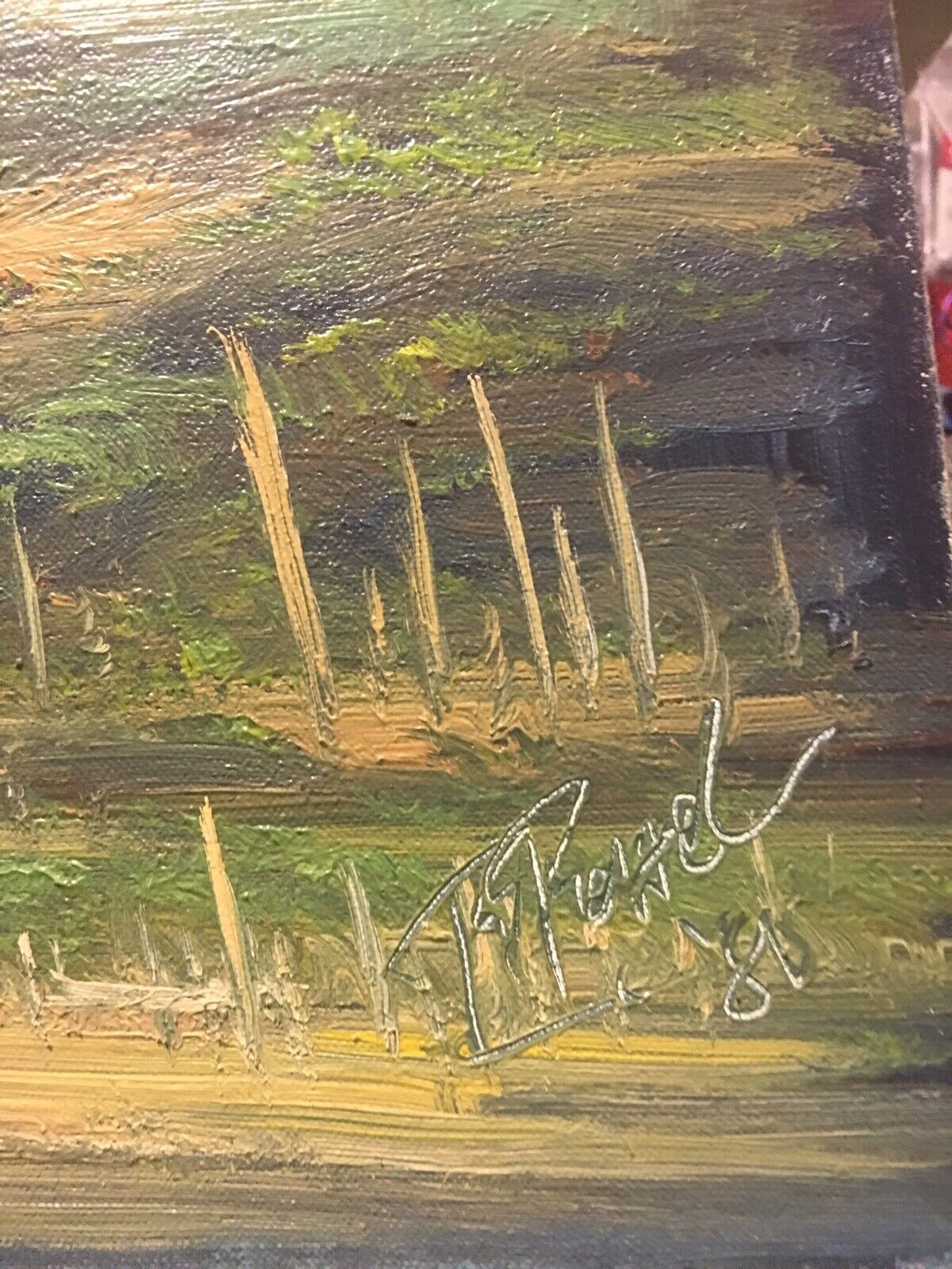 Original Painting Signed T POWEL 1981 Village Scene on River Boat Water Oriental