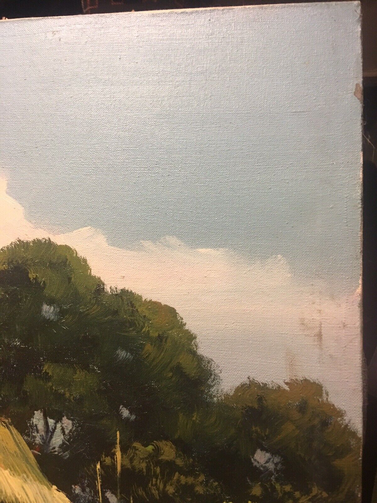 Original Painting Signed T POWEL 1981 Village Scene on River Boat Water Oriental
